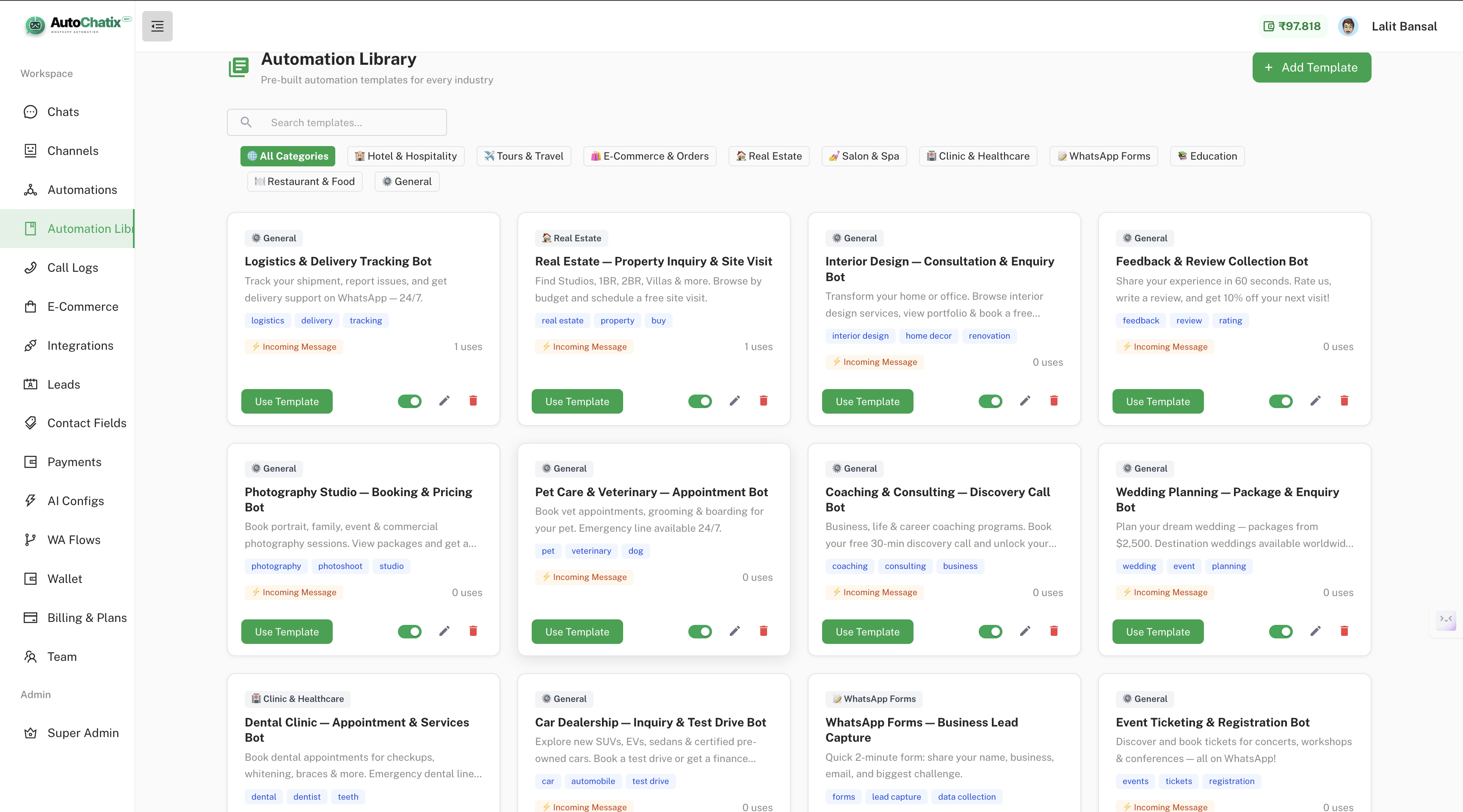 Autochatix automation library — 50+ ready-made WhatsApp flow templates